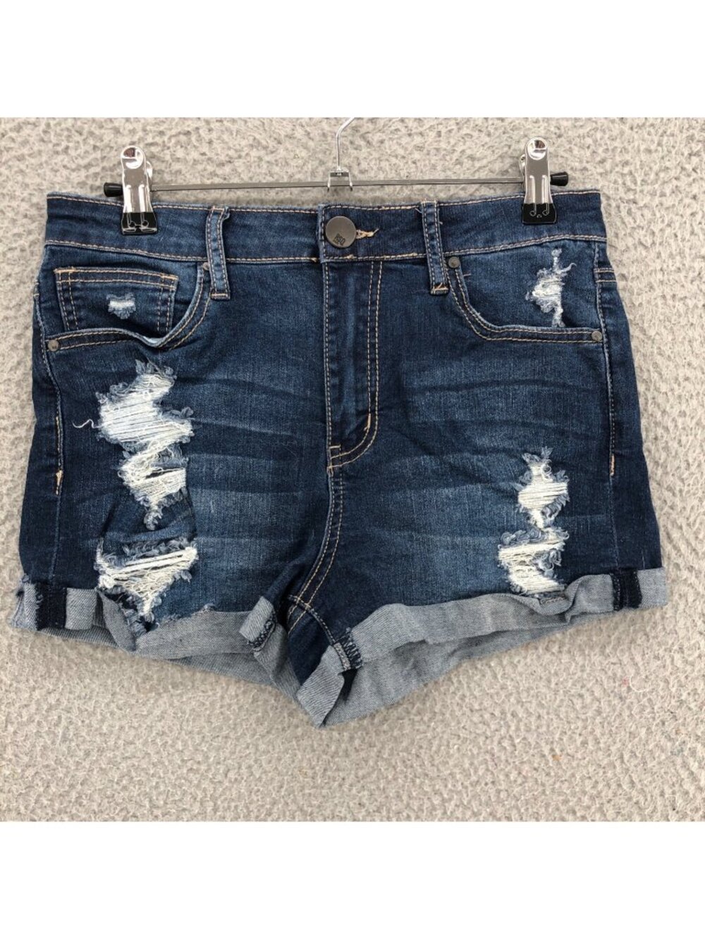 RSQ Shorts Womens 7 Blue Dark Wash Denim Sunset High Rise Fit Distressed Jeans
